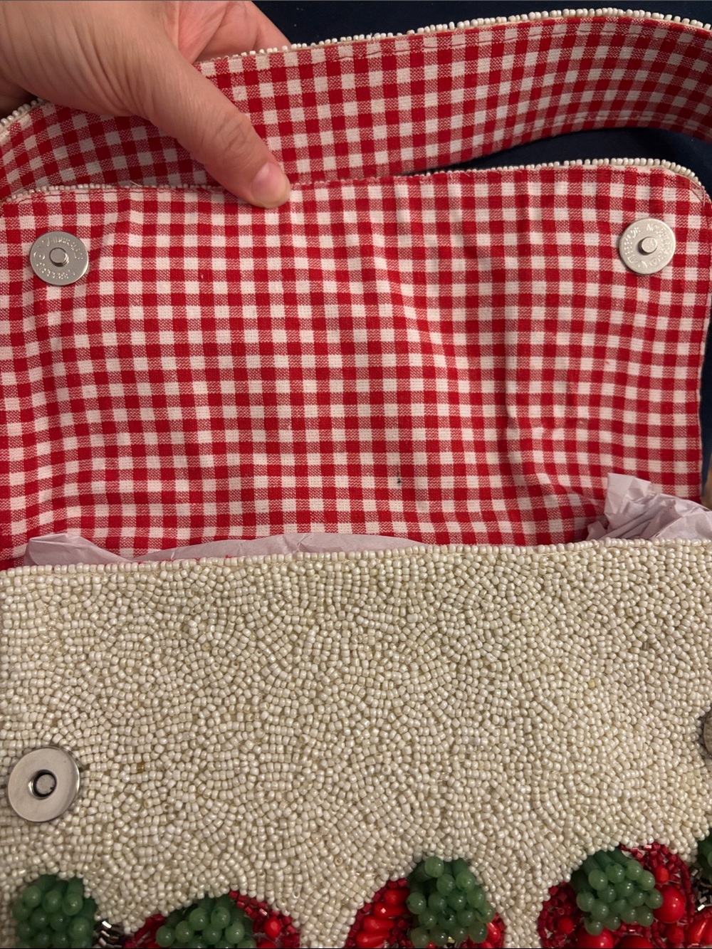 NWT Viral Handcrafted in India Tomato Beaded Bag with Tomato Bag Charm Gingham - Picture 6 of 9